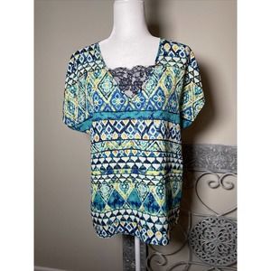 Sami & Jo Sleeveless Top Blue Turquoise Lace V Neck S Small Aztec